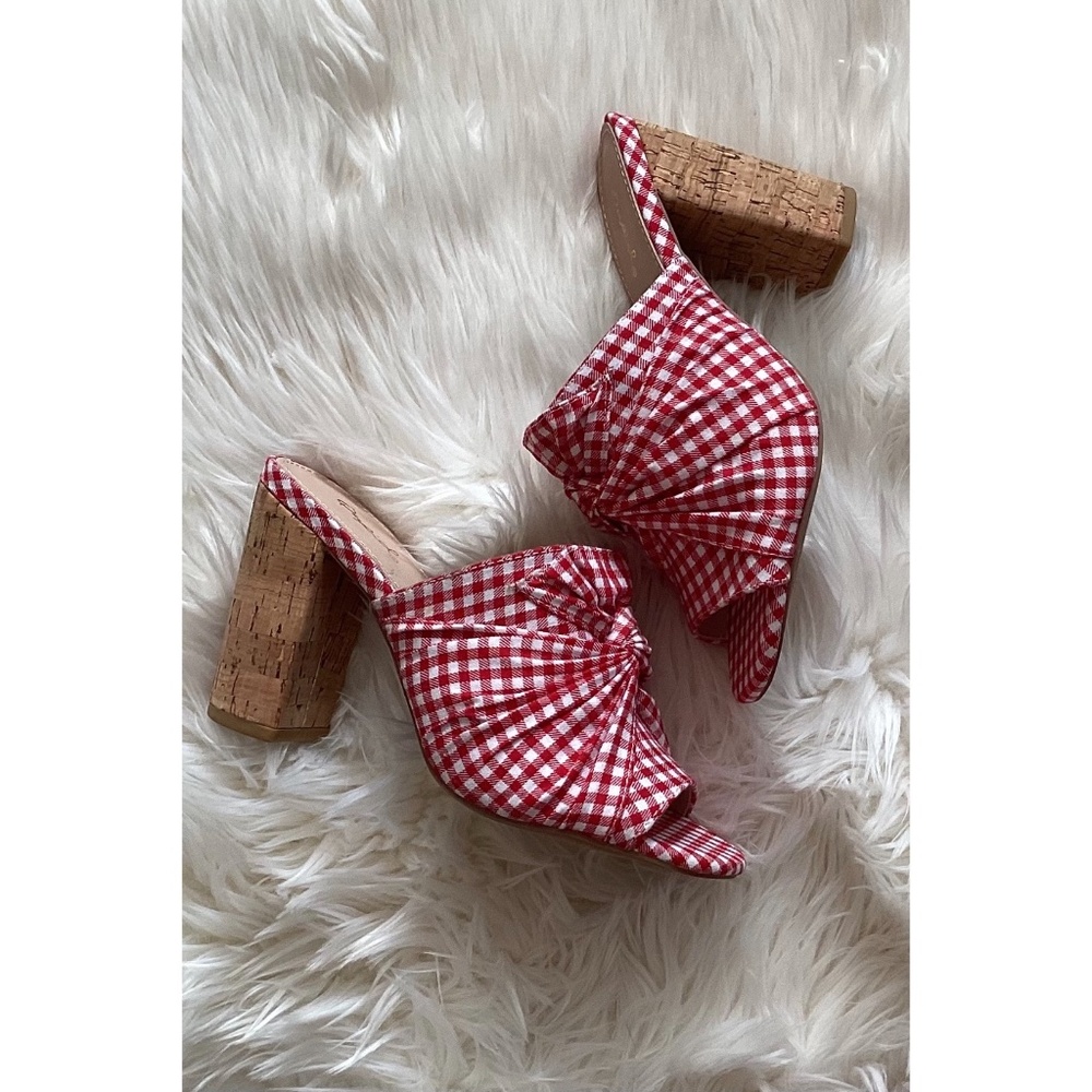 Qupid Red Gingham Open Toe Sandals | Checkered Slip On Block Heel Mules - Picture 5 of 7